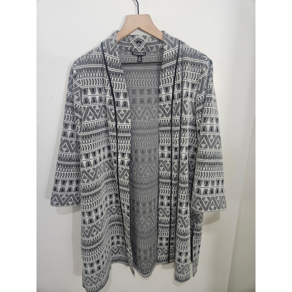 Roz & Ali Black White Geometric Tribal Open‎ Front Cardigan Jacket Plus 2X